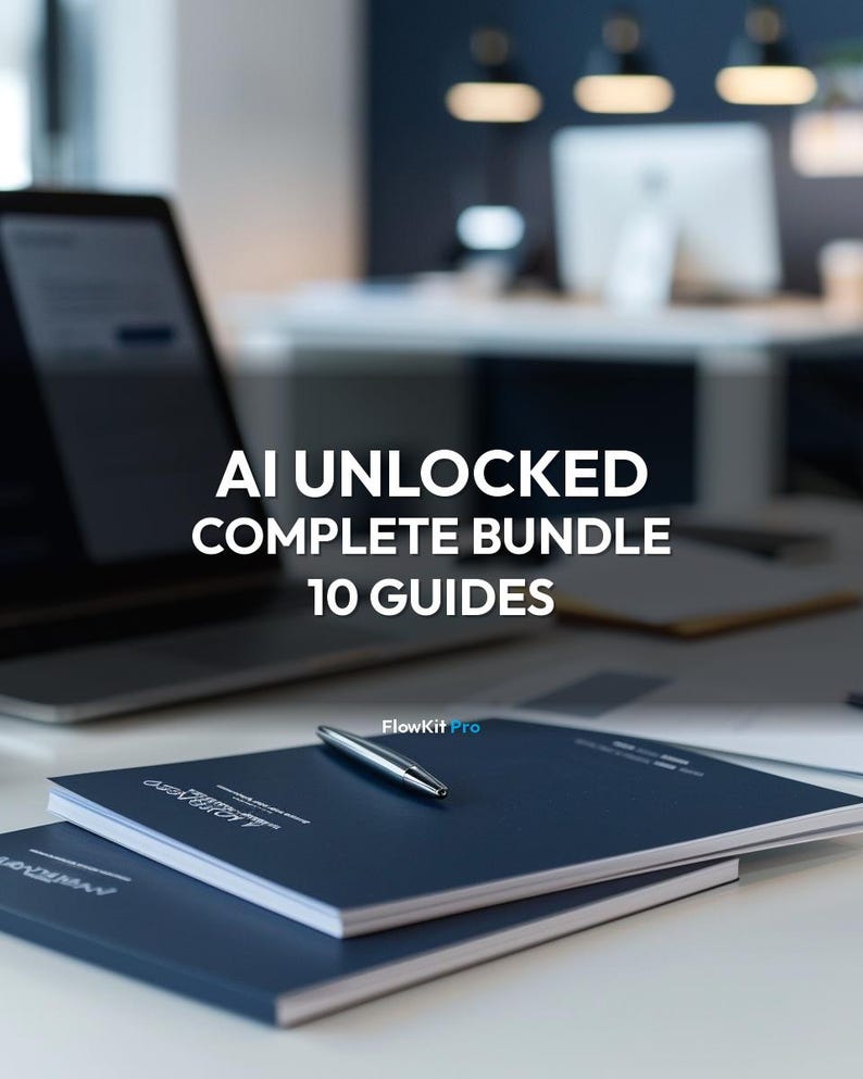 May include: A stack of two navy blue books with a silver pen on top. The text "AI UNLOCKED COMPLETE BUNDLE 10 GUIDES" is displayed in white. The FlowKit Pro logo is visible.