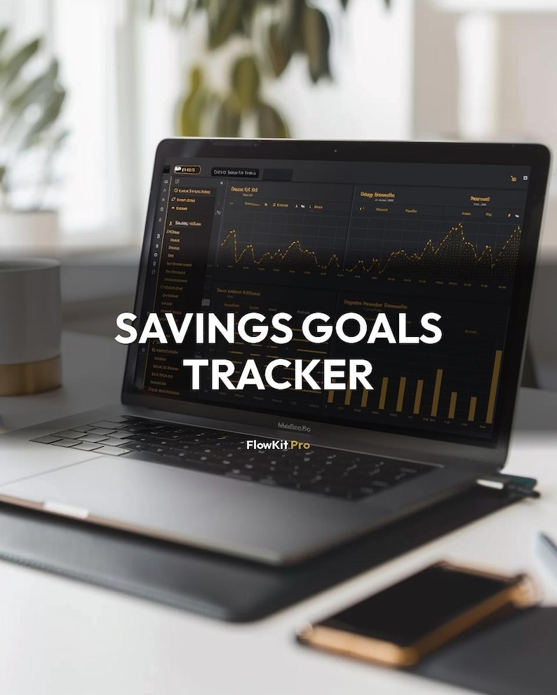 May include: A laptop displaying a financial graph with the text "SAVINGS GOALS TRACKER." The screen shows a dark interface with yellow data lines and bar graphs. The laptop is open on a white desk, with a phone and a mug nearby.