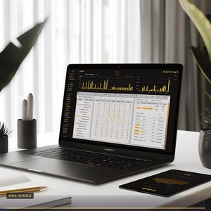 May include: A black laptop displaying financial data, with the text "FINANCIAL OS #10" at the top. The screen shows charts and graphs. A tablet and notebook are also on the white desk. The image also includes the text "Multi-Income Tracker" and "Instant Digital Download".