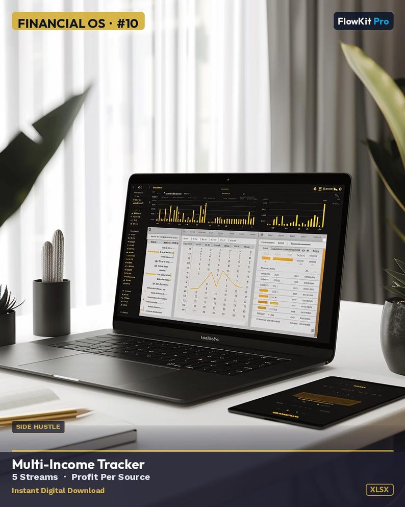 May include: A black laptop displaying financial data, with the text "FINANCIAL OS #10" at the top. The screen shows charts and graphs. A tablet and notebook are also on the white desk. The image also includes the text "Multi-Income Tracker" and "Instant Digital Download".