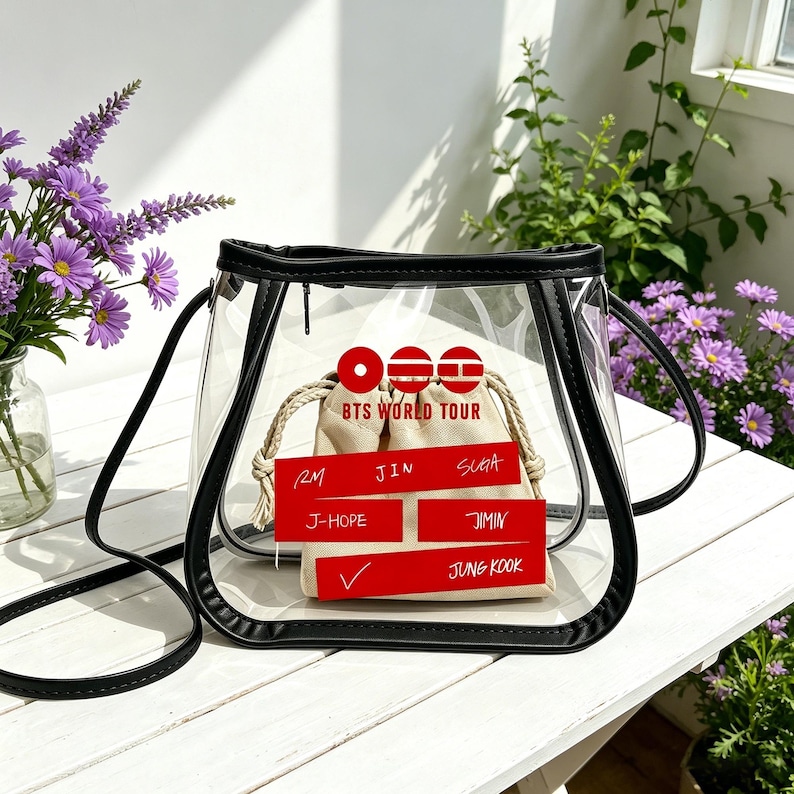 May include: Clear crossbody bag with black trim and a black shoulder strap. Inside is a beige drawstring bag with red text that reads "BTS WORLD TOUR" and the names of the band members.