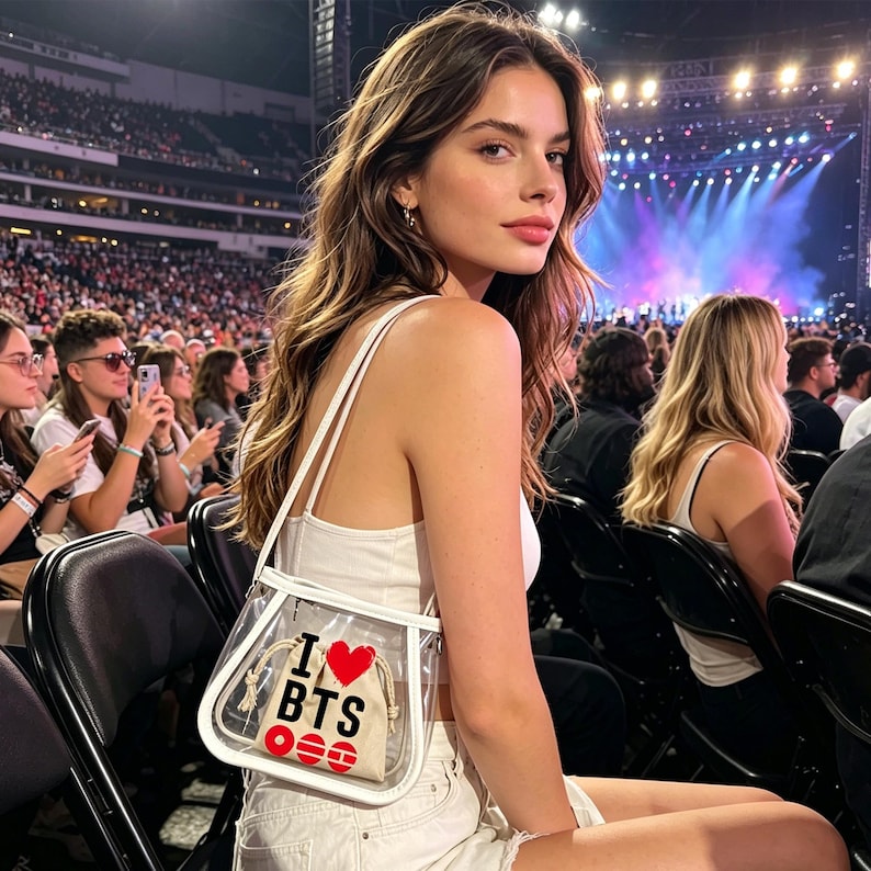 May include: A clear, white-trimmed shoulder bag with the text "I ❤️ BTS" and red circles. The bag contains a small, beige pouch. The woman is wearing a white top and shorts, seated in an arena with a concert stage in the background.