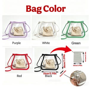 May include: A clear, transparent handbag with a colored trim and strap is shown in multiple colors: purple, white, green, red, and black. Each bag contains a small, beige drawstring pouch. Dimensions are provided in inches.