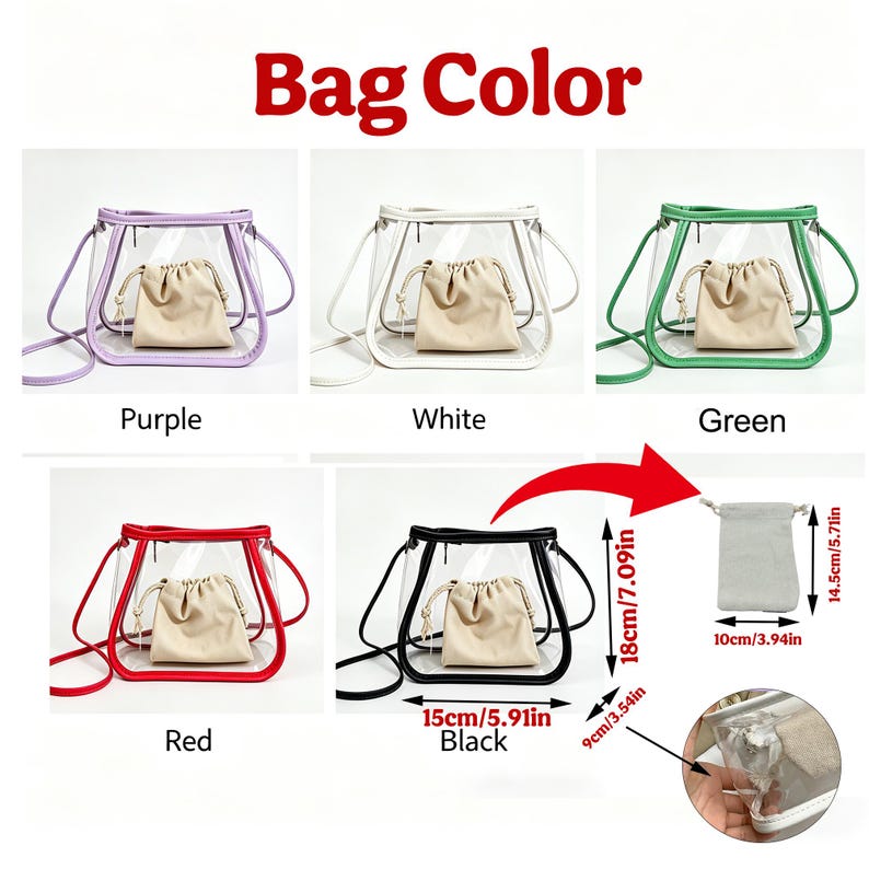 May include: A clear, transparent handbag with a colored trim and strap is shown in multiple colors: purple, white, green, red, and black. Each bag contains a small, beige drawstring pouch. Dimensions are provided in inches.