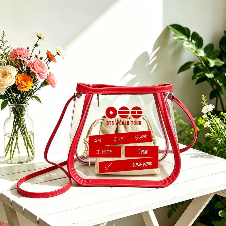 May include: A clear, red-trimmed tote bag with a shoulder strap. Inside, a small beige drawstring bag is visible, along with red rectangular name tags. The bag features the text "BTS WORLD TOUR" and the names of the band members.