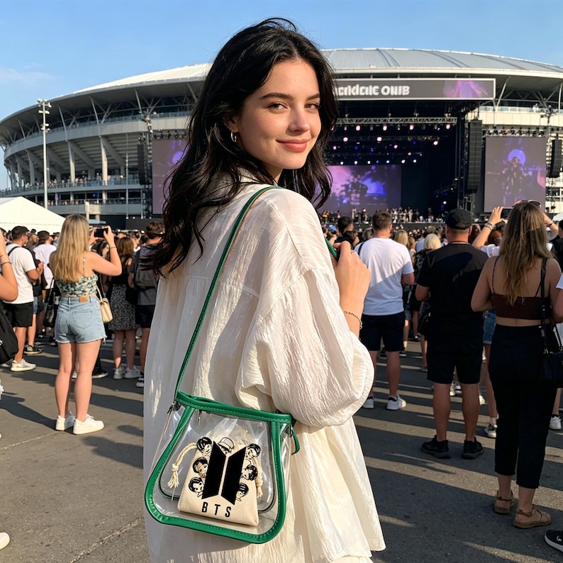 May include: A clear crossbody bag with green trim and a beige pouch featuring a black and white BTS logo and the word "BTS". The bag is worn over a white shirt. A crowd of people is in the background.