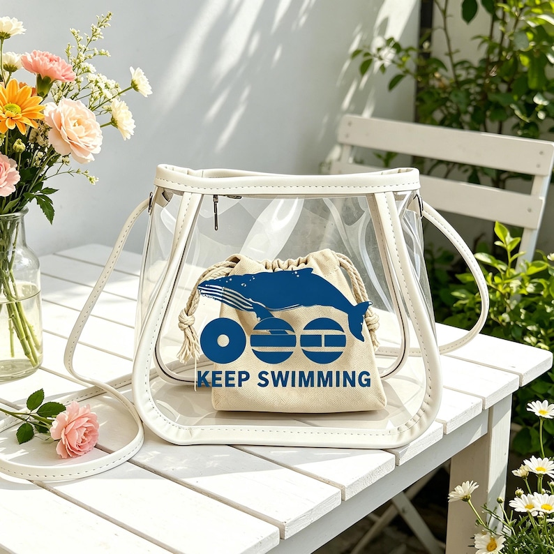 May include: A clear tote bag with white trim and handles. Inside is a beige drawstring bag with a blue whale graphic and the words "KEEP SWIMMING". The bag sits on a white table with flowers in the background.