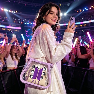 May include: A clear, rectangular crossbody bag with a light purple trim and a beige interior pouch. The pouch features a purple BTS logo and cartoon illustrations of faces. The bag is worn over a white, long-sleeved shirt.