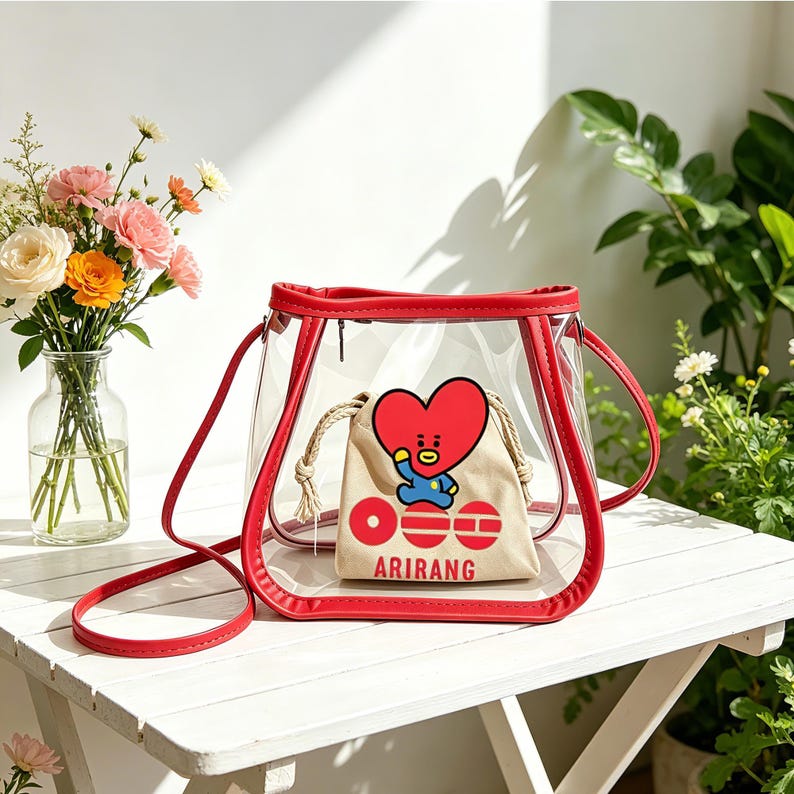 May include: A clear, red-trimmed handbag with a matching shoulder strap. Inside, a small beige drawstring bag features a heart-shaped character and the word "ARIRANG". The bag sits on a white table with a vase of flowers.