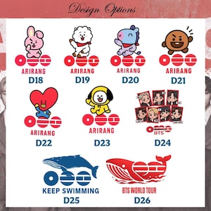 May include: A collection of design options featuring cartoon characters and graphics. The designs include a pink bunny, a white cloud, a purple horse, a brown cookie, a red heart, a yellow character, a group of people, a blue whale, and a red whale.