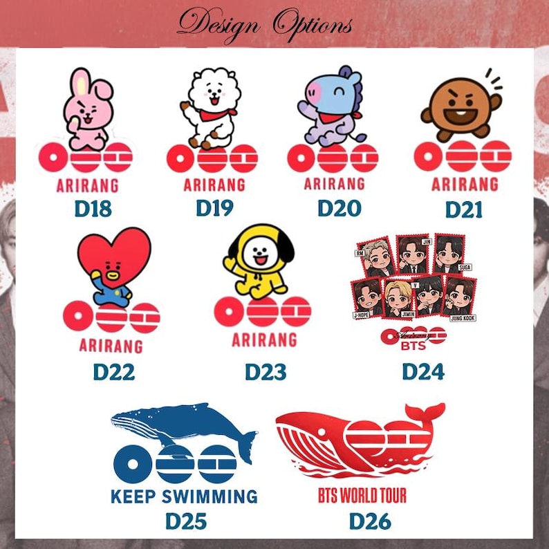 May include: A collection of design options featuring cartoon characters and graphics. The designs include a pink bunny, a white cloud, a purple horse, a brown cookie, a red heart, a yellow character, a group of people, a blue whale, and a red whale.