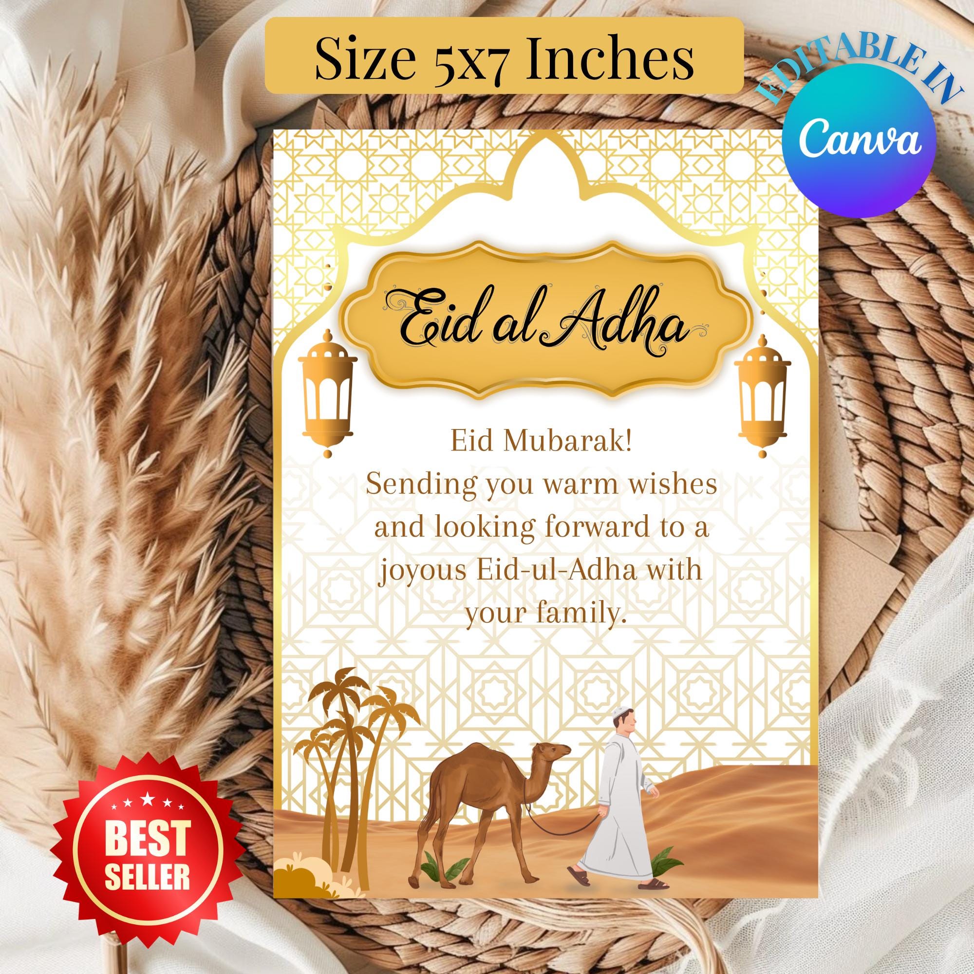 Eid al Adha Card Printable, Islamic Greeting Card Digital Download, Eid Mubarak Luxury Gold Arabesque Eid Gift Card, Muslim Holiday.