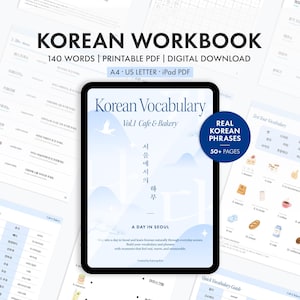 May include: A digital Korean language workbook with the title "Korean Vocabulary Vol. 1 Cafe & Bakery." The workbook includes 140 words, printable PDF, and digital download options. The cover features Korean text and the phrase "A Day in Seoul."