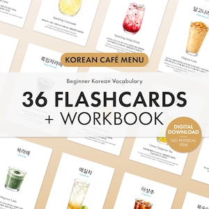 May include: A set of 36 Korean café menu flashcards and a workbook featuring illustrations of various beverages like Dalgona Latte, Sparkling Omija, and Mugwort Latte with Korean and English text. The design includes a digital download label.