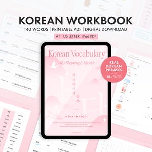 Puede incluir: Un cuaderno de trabajo digital de idioma coreano que se muestra en una tableta. La portada dice "Korean Vocabulary Vol. 3 Shopping & Lifestyle" con el texto "A Day in Seoul". Texto adicional incluye "140 palabras | PDF imprimible | Descarga digital."
