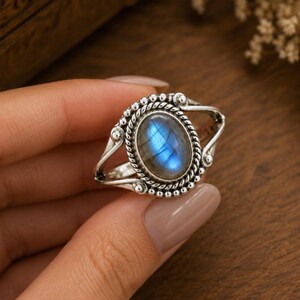 Labradorite Sterling Silver Ring, Blue Flash Gemstone, Boho Artisan Statement Ring