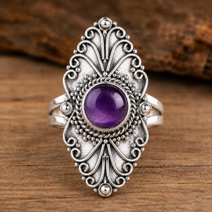 Amethyst Sterling Silver Ring, Vintage Boho Statement Ring, Handmade 925 Silver Purple Gemstone Ring, Ornate Floral Cocktail Ring Gift
