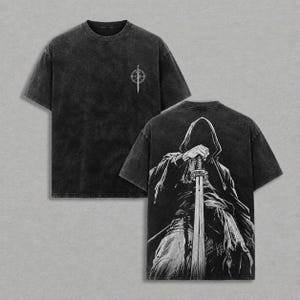 Hooded Swordsman Shirt,Vintage Shadow Warrior Double Sided Tee,Gothic Compass Dagger Dark Fantasy Apparel, Black Wash Heavyweight Pump Cover
