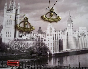 Bronze Alien UFO Earrings, UFO Jewelry, X Files Jewelry, Doctor Who Jewelry, Hitchhikers Guide To the Galaxy, Save London!