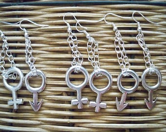 Handmade  Silver Unisex Dangle Earrings Mars Venus Male Female Gender Symbol Sign,, All Gender Symbol Earrings LGBTQ Hippie