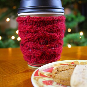 cabled celtic knotwork cozy in red tweed