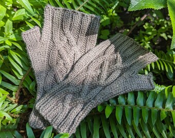 cabled knotwork fingerless gloves in warm grey