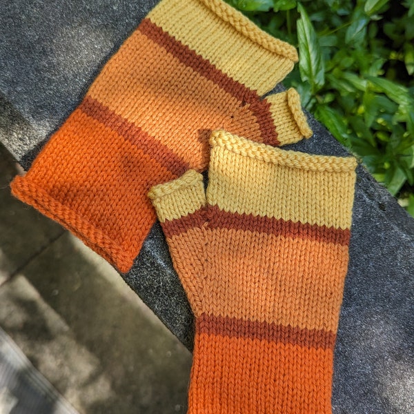 orange and yellow colorblock fingerless gloves
