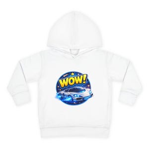 May include: White hooded sweatshirt with a cartoon car design and the word "WOW!" in yellow and blue. The car is white with blue accents, set against a starry background.