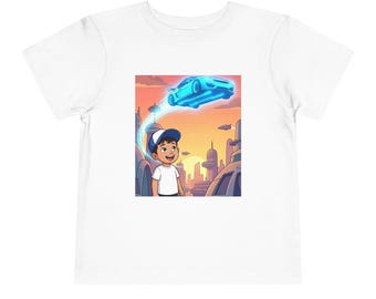 Maglietta per bambini con illustrazione di un'auto volante / Città futuristica, cartone animato