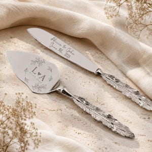 Juego de servidor de pastel de bodas personalizado, cuchillo de trinchar minimalista, regalos de boda, juego de servidor de pastel con mango de pluma personalizado
