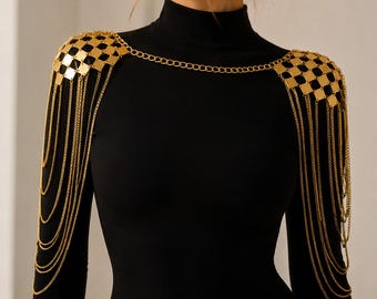Catena da spalla vintage, accessorio da spalla con frange, catena per il corpo da festival, spallina vistosa in argento e oro, regalo per feste boho