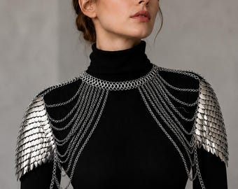 Armadura de hombro de escamas de dragón, collar de cota de malla, arnés de joyería para el hombro, collar de charretera, pieza de hombro para cosplay, joyería de cadena para el cuerpo