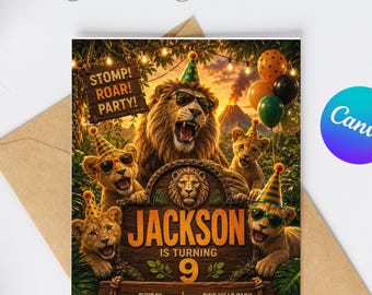 Invito di compleanno a tema leone della savana! Invito per festa a tema animali selvatici, festa di compleanno a tema tigre, modello Canva modificabile.