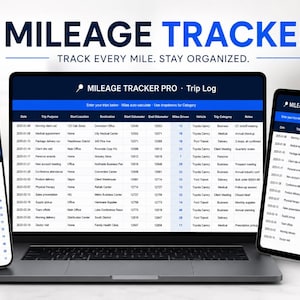 Peut inclure: Un ordinateur portable, un smartphone et une tablette affichent l'interface de l'application "Mileage Tracker Pro". L'interface de l'application montre un journal de bord avec des colonnes pour la date, le but du voyage, le lieu de départ, la destination et le kilométrage.