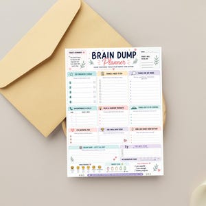 Puede incluir: Una hoja de planificaci&oacute;n Brain Dump blanca con encabezados y secciones en azul, rosa y morado. El texto dice Brain Dump Planner, Top Priorities Today, Things I Need To Do, Things On My Mind, Appointments & Calls, Ideas & Random Thoughts.