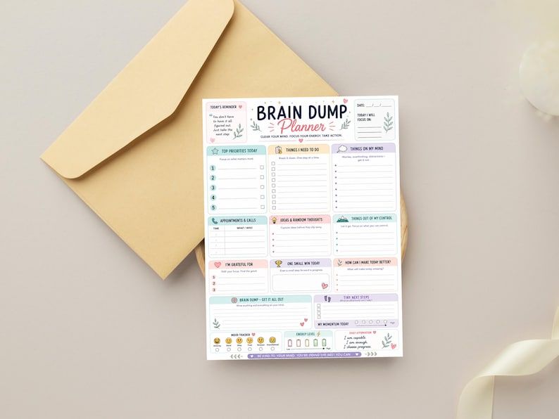 Puede incluir: Una hoja de planificaci&oacute;n Brain Dump blanca con encabezados y secciones en azul, rosa y morado. El texto dice Brain Dump Planner, Top Priorities Today, Things I Need To Do, Things On My Mind, Appointments & Calls, Ideas & Random Thoughts.