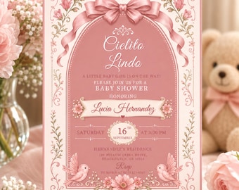 Cielito Lindo Baby Shower Invitación Chica, Fiesta Mexicana Baby Shower Invitación, Papel Picado Talavera, Plantilla Canva Editable Rosa Polvoriento