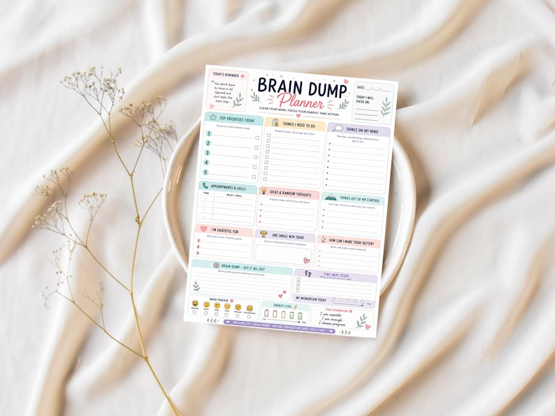 Puede incluir: Una hoja de papel Brain Dump Planner blanca con secciones para prioridades, listas de tareas, pensamientos, citas, gratitud y logros diarios. El dise&ntilde;o incluye encabezados de colores pastel, peque&ntilde;os iconos florales y avisos de texto para la organizaci&oacute;n.