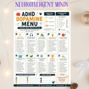 Puede incluir: Una tabla blanca de ADHD Dopamine Menu con texto azul oscuro e iconos coloridos. El documento presenta diez categorías numeradas que incluyen Quick Wins, Sensory Reset y Nature Boost, con casillas de verificación para tareas y favoritos.