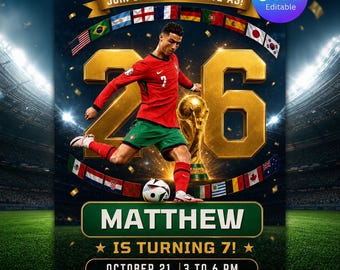 Invitación de cumpleaños de Ronaldo, plantilla editable para fiesta de fútbol CR7, invitación de Canva, descarga instantánea, cualquier edad, niños