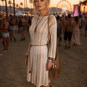 Vintage 70’s Boho Festival Dress Hand-Crocheted Featuring Intricate Openwork Lace Pattern Size 10-12