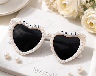 Personalized Pearl Rhinestone Heart Sunglasses – Custom Bride Bachelorette Beach Wedding Glasses