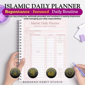 May include: A pink and white Islamic Daily Planner with the text "Islamic Daily Planner" and "Repentance - focused Daily Routine". The planner includes sections for daily schedules, intentions, and routines. The planner is spiral-bound.