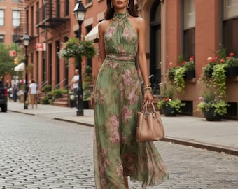 Vestido largo floral estilo bohemio, vestido sin mangas con cuello halter, elegantes vestidos de invitada para bodas de verano.