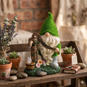 Gnomos de musgo y estatuas de bomba de agua para jardín, LED solar, letrero de bienvenida, macetas para suculentas - Bonita decoración para exteriores, regalo para el jardín