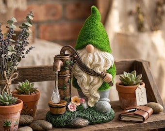 Moss Gnomes & Water Pump Garden Statues, Solar LED, Welcome Sign, Succulent Pots - Cute Outdoor Decor, Garden Gift