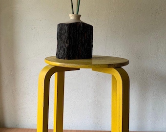 Vintage Aalto Style Plywood Stool: Yellow Rustic Side Table