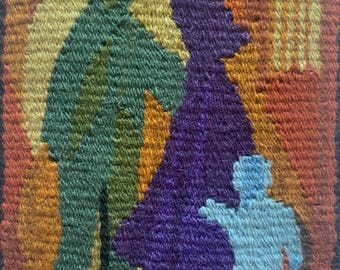 Tapiz sueco antiguo: Figuras abstractas, arte textil tejido a mano al estilo flamenco.