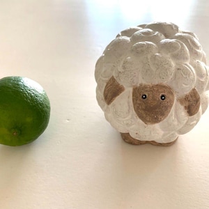 Könnte beinhalten: Eine grüne Limette neben einer weißen Keramik-Schaf-Figur mit braunen Akzenten. Das Schaf hat ein flauschiges, strukturiertes Aussehen und ein lächelndes Gesicht. Die Limette ist rund und glatt.