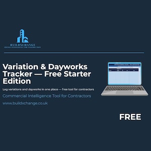 Op de afbeelding: Donkerblauwe afbeelding met de tekst "Variation & Dayworks Tracker - Free Starter Edition". Een laptop toont een spreadsheet. De tekst "FREE" staat rechtsonder. Het BuildXchange-logo staat bovenaan.